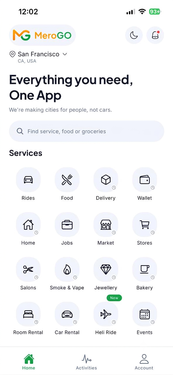 The meroGO app home screen: a location set to the user's city, a search bar, and a grid of services — Rides, Food, Delivery, Wallet, Jobs, Market, Stores, Salons, Car Rental, Heli Ride and more.